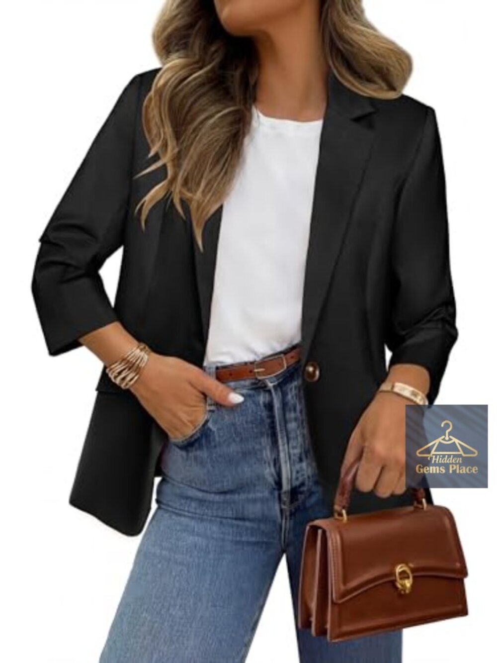 Simplee Ruched 3/4 Sleeve Blazer Women Lightweight Business Casual Suit Jacket